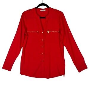 Calvin Klein Womens Medium Red Roll Tab Sleeve Button Front Blouse Gold Zip
